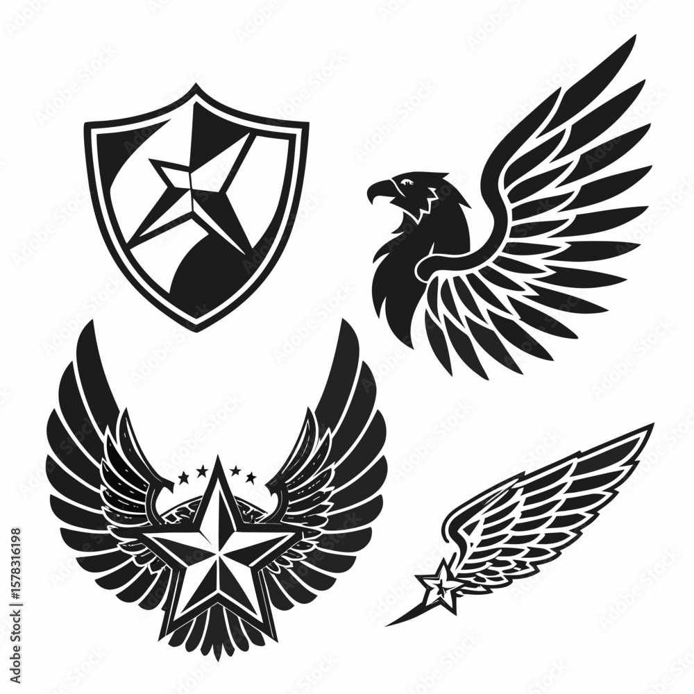 Obraz premium Black eagle shield and wing emblems wings star