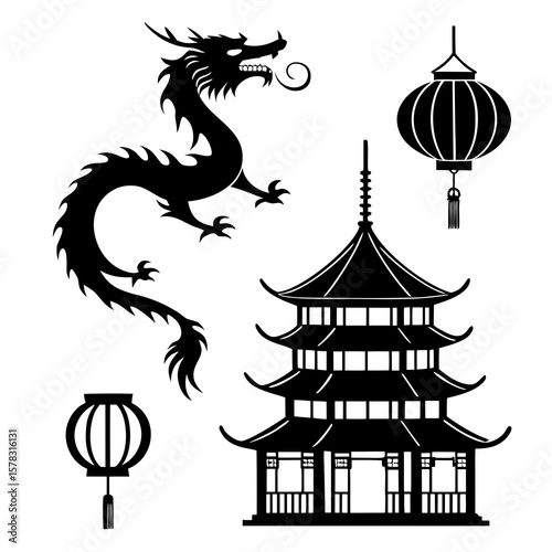 Black dragon pagoda and lanterns silhouettes chinese