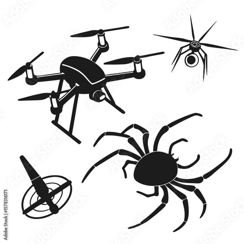 Black drone and spider silhouettes quadcopter arachnid