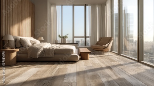 Elegant bedroom with panoramic windows and city skyline view. Modern furniture and warm neutral tones.
