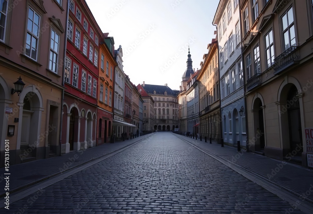 Empty cobblestone street, Old Town Prague, Czech Republic, morning light, old town square, sunlight Empty cobblestone street, Old Town Prague, Czech Republic, morning light, old town square, sunlight