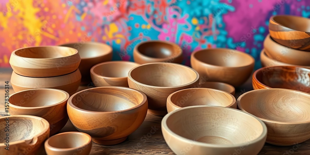Empty wooden bowls, diverse shapes & sizes, vibrant backdrop, clean, handmade Empty wooden bowls, diverse shapes & sizes, vibrant backdrop, clean, handmade