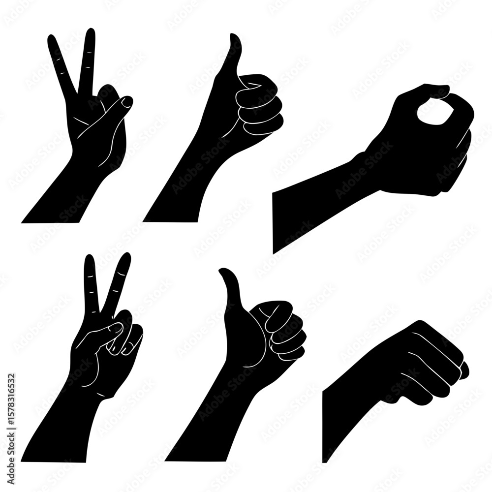 Obraz premium Black hand gesture silhouettes peace thumbs up ok fist