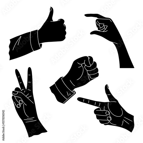 Black hand gestures showing thumbs up peace sign pointing fist