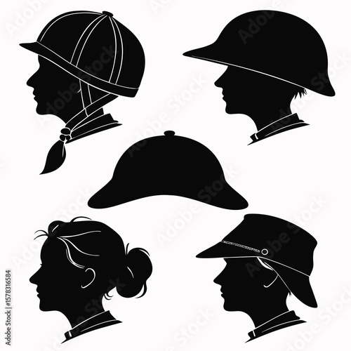 Black headwear silhouettes on white background helmet