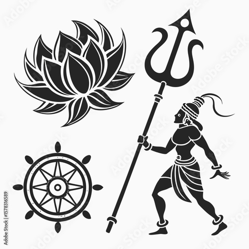 Black Hindu deity symbols lotus trident dharma chakra