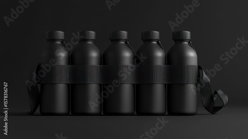 Dark gray water bottles in a row