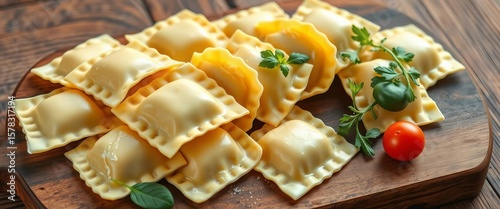 Homemade vegetable ravioli arranged on rustic wooden board,  meal,  fall