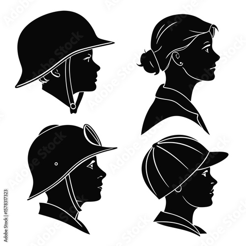 Black silhouettes of diverse headwear styles helmet
