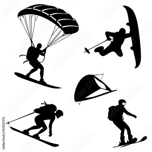 Black silhouettes of extreme sports athletes in action