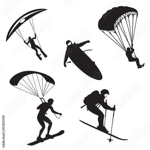 Black silhouettes of paragliders snowboarders and skiers