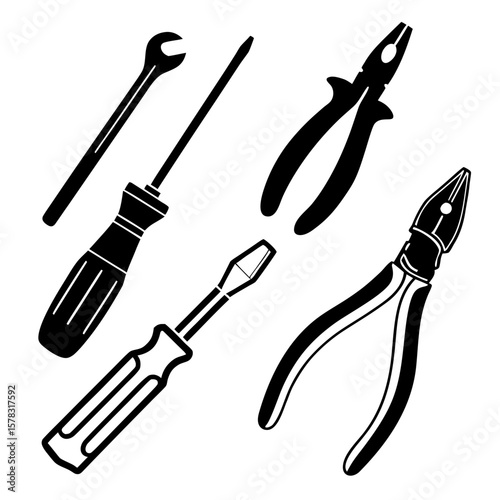 Black silhouettes of repair tools screwdriver pliers