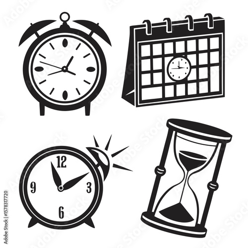 Black silhouettes of timekeeping devices alarm clock