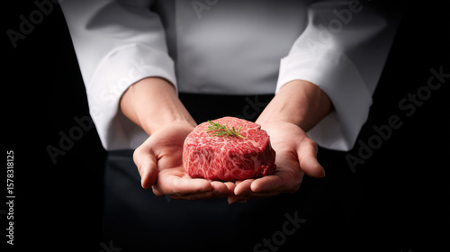 A chef in white attire holds a beautifully marbled raw steak garnished with a small sprig of herbs, set against a dark background.