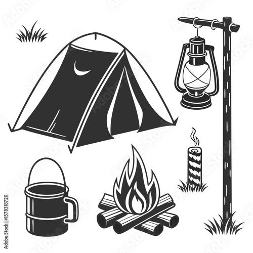 Camping tent lantern campfire mug logs grass vector