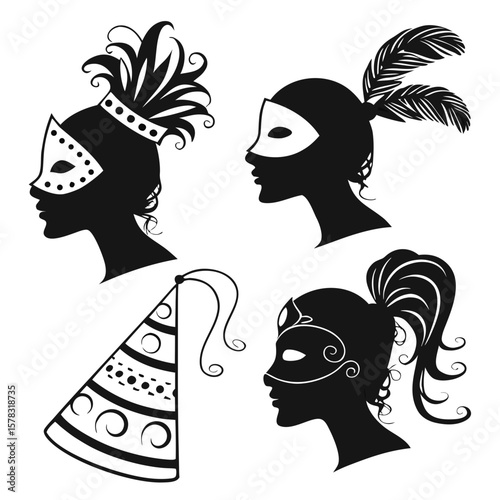 Carnival masks and party hat silhouettes vector