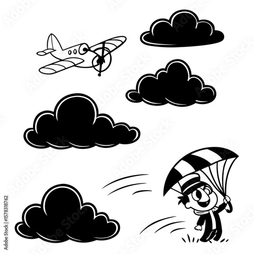 Cartoon airplane clouds and parachutist vector