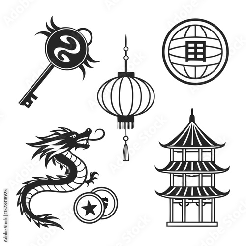 Chinese Dragon Lantern Pagoda Key Globe Symbols vector