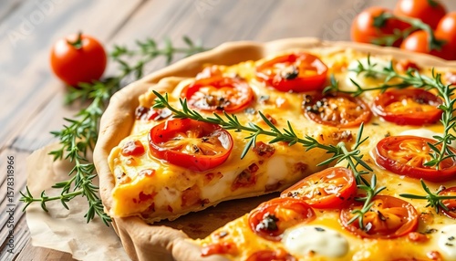 Savory tomato and goat cheese quiche with fresh thyme sprigs, spring, healthy