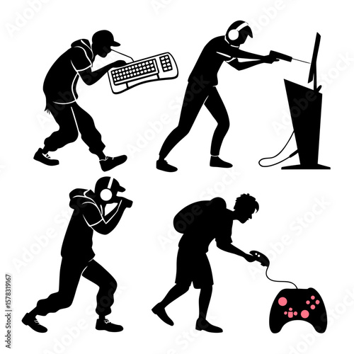 Competitive gamers playing video games with keyboards and controllers