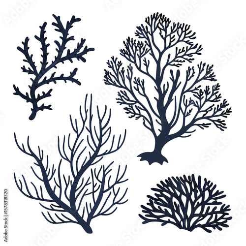 Dark blue coral reef and underwater plant silhouettes