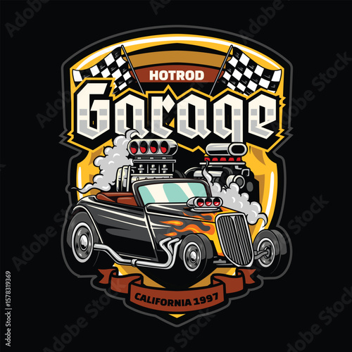 Classic black hot drag car convertible with flame decals, checkered flags, gold shield, and bold typography illustration