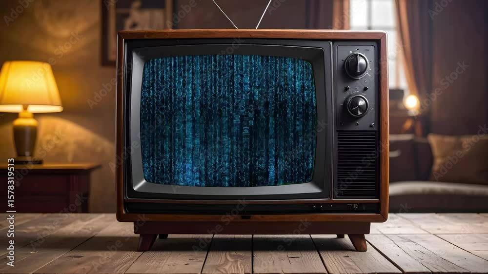 old retro CRT TV monitor with coding programming technology animation, digital era begin concept