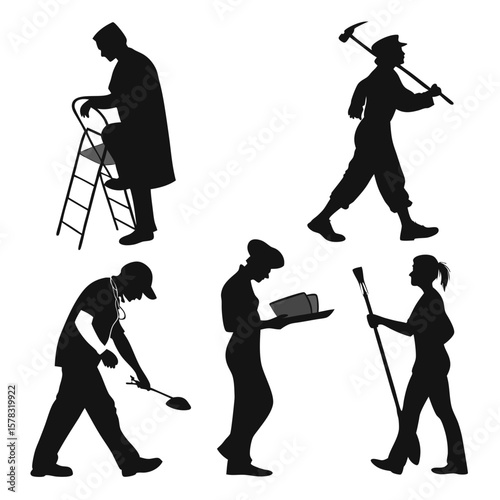 Diverse professions illustrated in black silhouettes