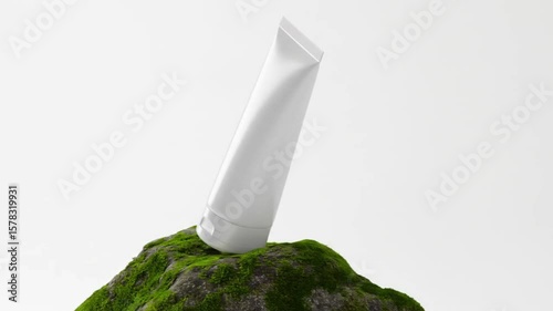 Blank white tube on mossy rock minimalist mockup