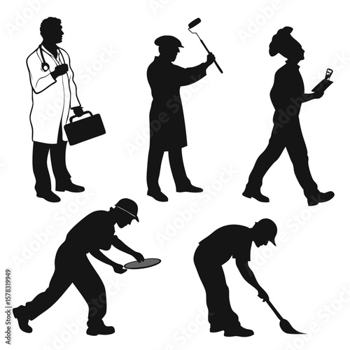 Diverse professions represented by black silhouettes