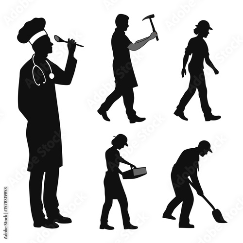 Diverse professions silhouettes black and white people