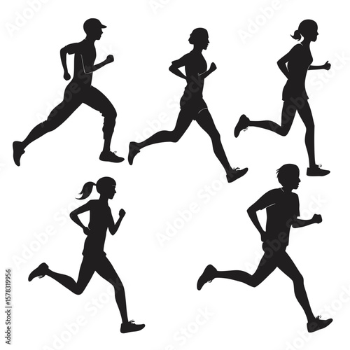 Diverse runners in motion black silhouettes running