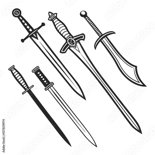 Diverse sword collection black white graphic katana