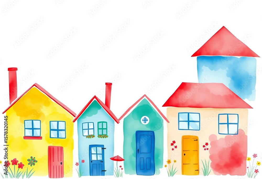 Whimsical watercolor houses, vibrant hues, light background, playful style, cute, graphic Whimsical watercolor houses, vibrant hues, light background, playful style, cute, graphic