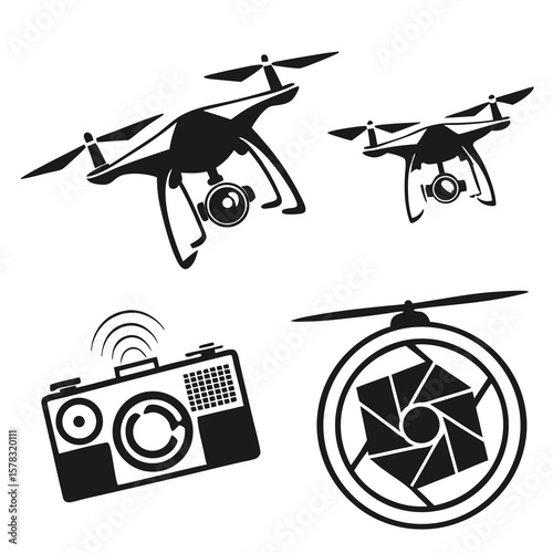 Drone camera and lens icons quadcopter aerial photography