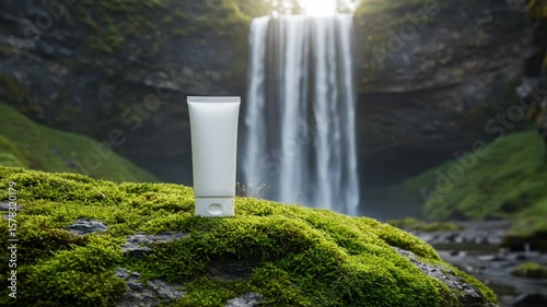 Blank white tube on mossy rock with waterfall background