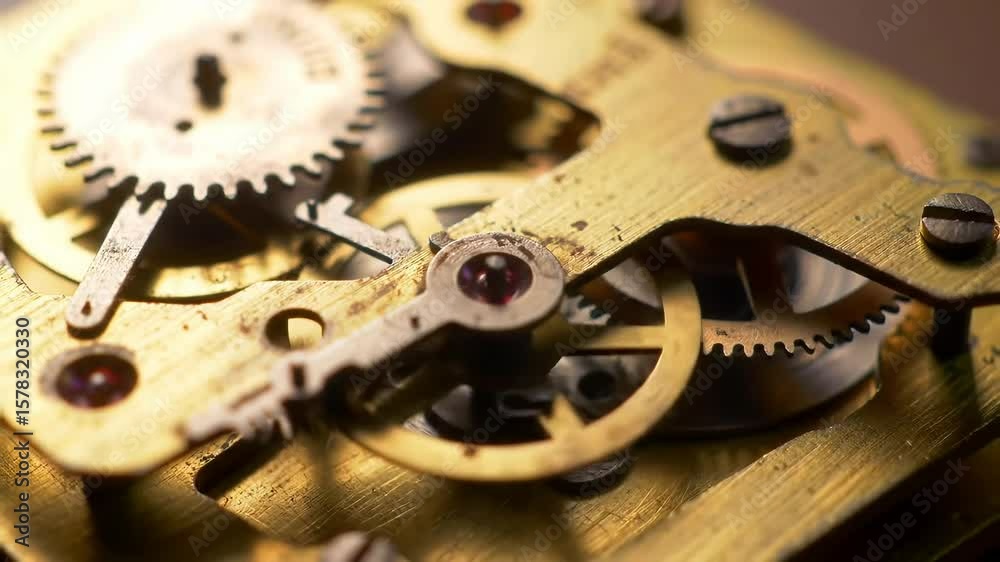 Close up of watch mechanism, macro time lapse of gears turning, clockwork background