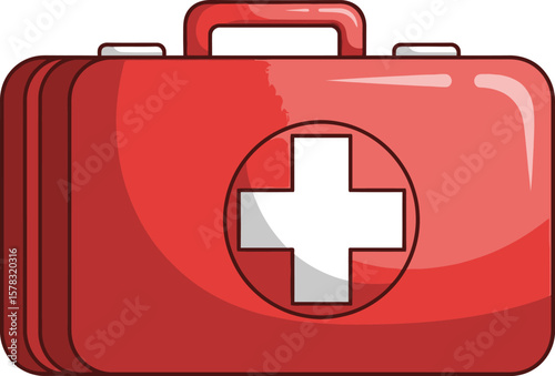Illustration of a red first aid kit with a white cross inside a circle on the front.