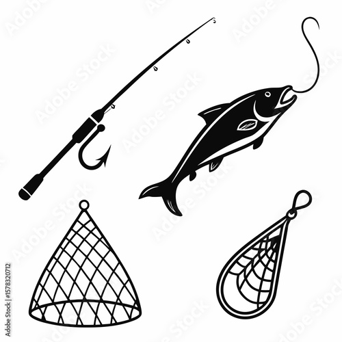 Fishing rod hook net and fish silhouette vector