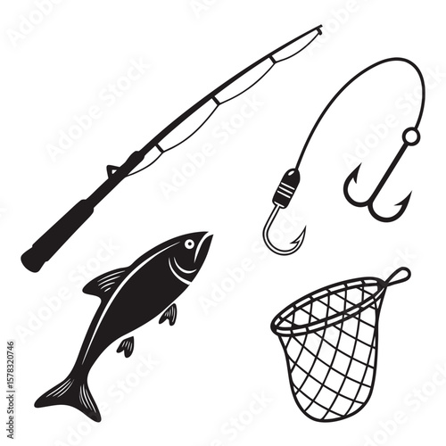 Fishing rod hook net fish silhouettes vector