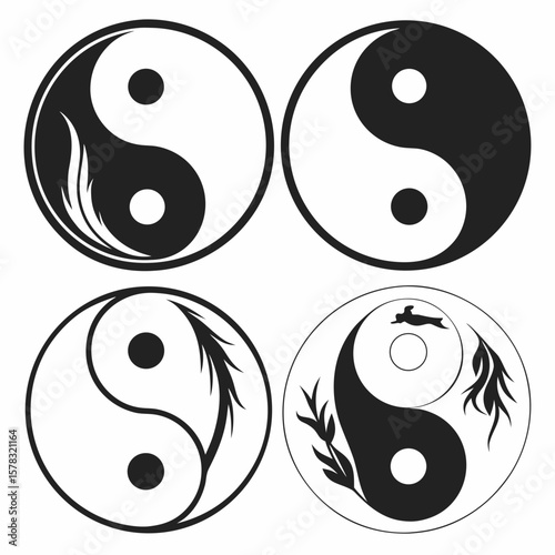 Four abstract yin yang symbols with natural elements