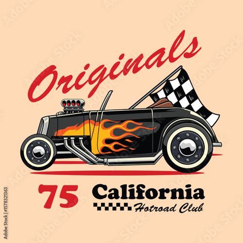 Classic black hot car with flaming decals, checkered flags in cartoon illustration