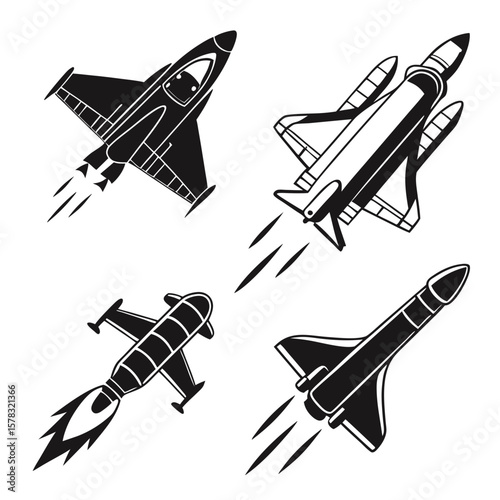 Four black spaceship silhouettes with exhaust trails