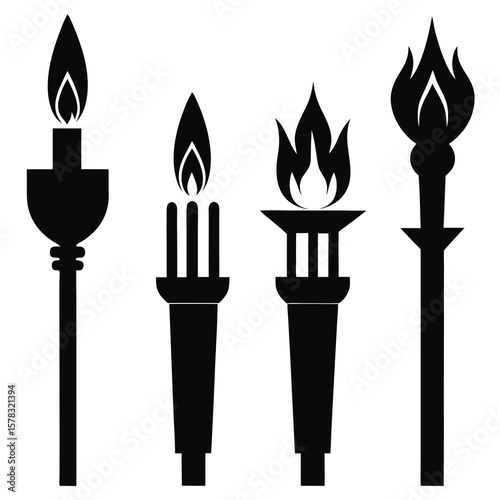 Four black torch silhouettes with flames fire Olympic torch