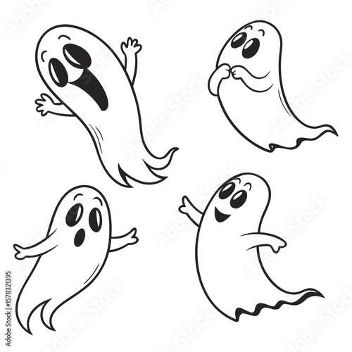 Four cartoon ghosts floating happily halloween spooky