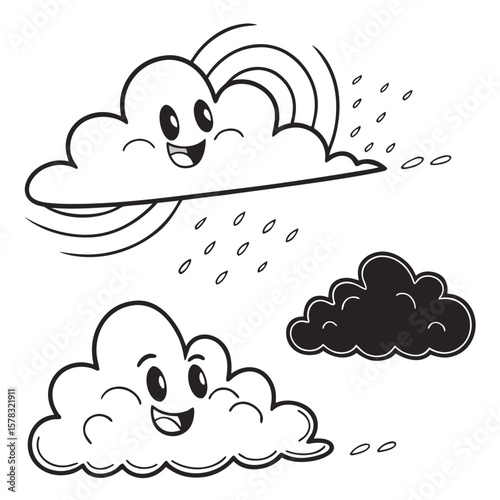 Happy cartoon clouds raining and rainbow vector