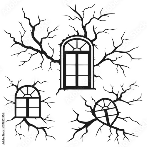 Haunted windows with gnarled branches gothic spooky