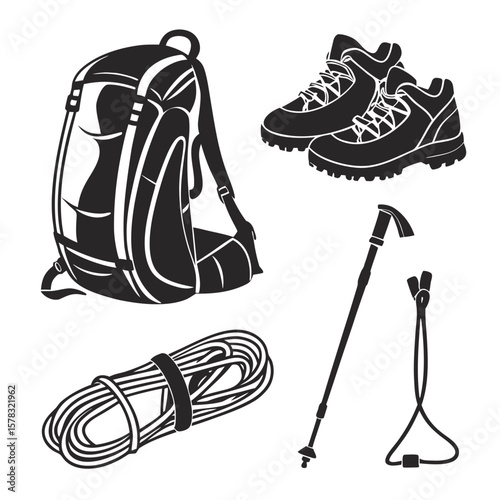Hiking backpack boots rope and trekking pole vector