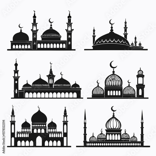 Islamic mosque architectural styles with domes and minarets