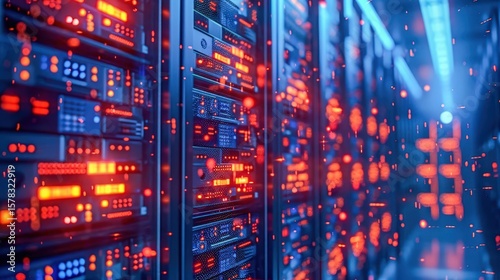 isometric D data center with glowing red breach alert floating binary code dark blue background on cracked server .
